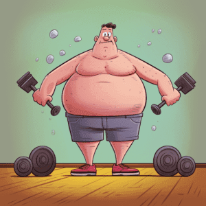 Man with a belly exercising with weights