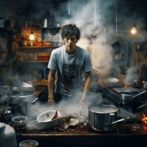 Inexperienced cook in kitchen surrounded by dirty dishes