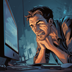 Man crying at broken computer screen