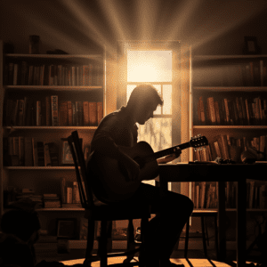 Man playing guitar surrounded by books