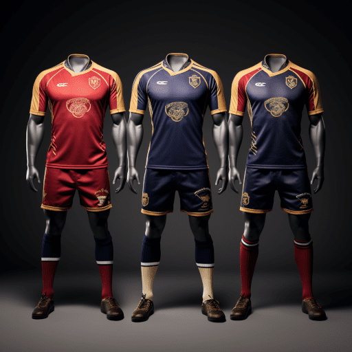 sports uniform in red blue and gold