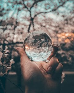 person holding round glass ball