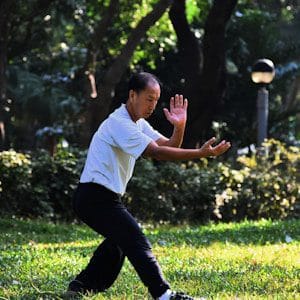 old man on grass lawn practicing tai chi