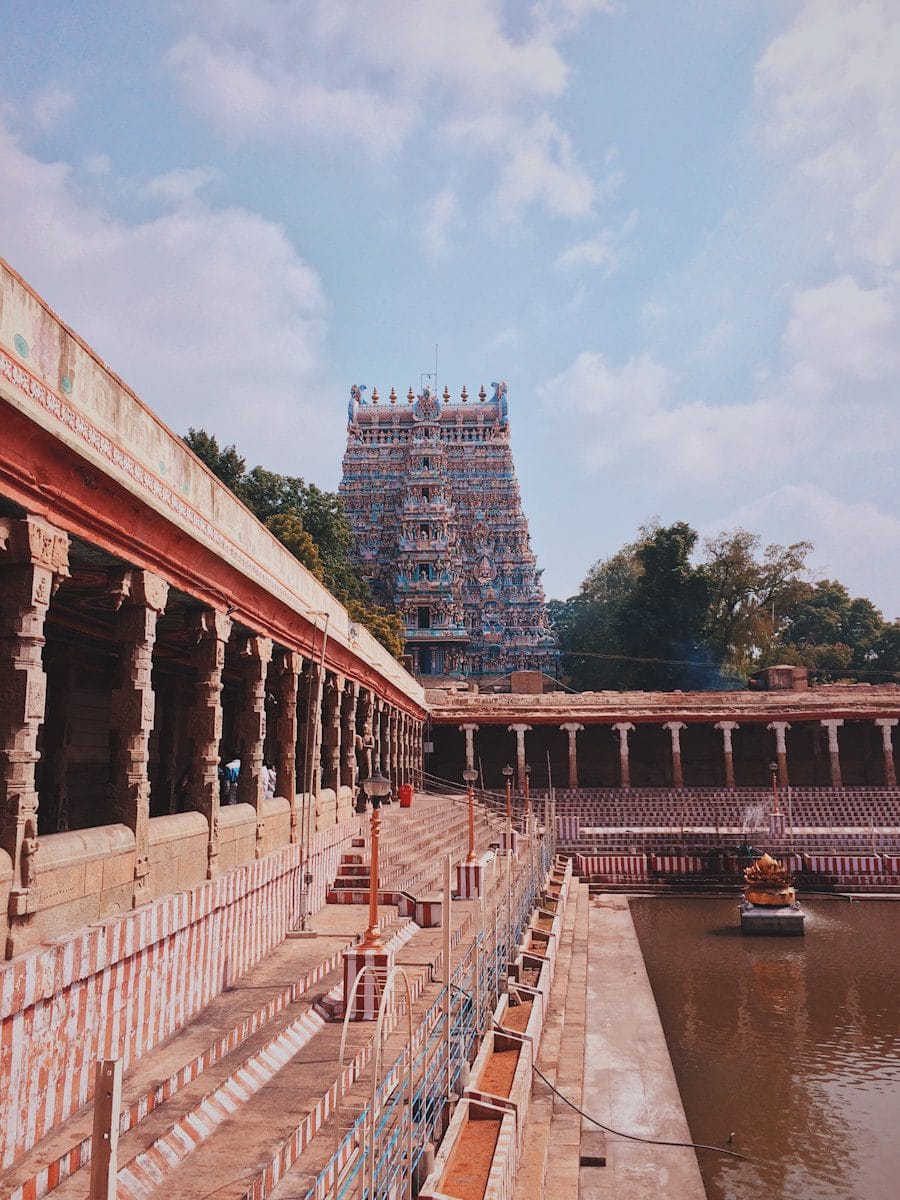 temple complex in Madurai meenakshi with temple pond