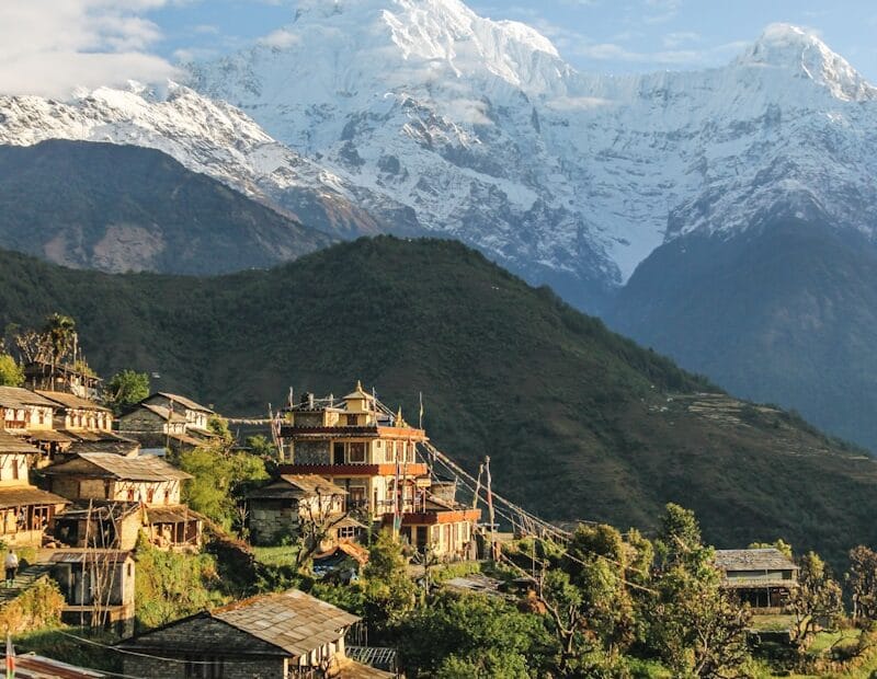 houses overlooking mountain range